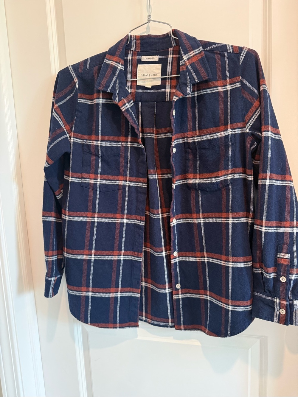 Thread & Supply Navy Plaid Button-Up Shirt with Rust and White Stripes